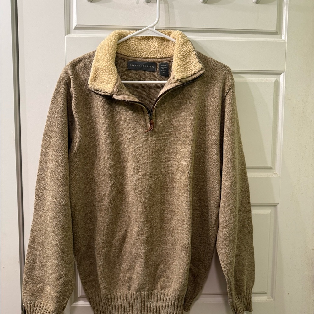 Oscar de la Renta Men's Brown Zip-Up Sweater‎ with Cream Collar Size Medium